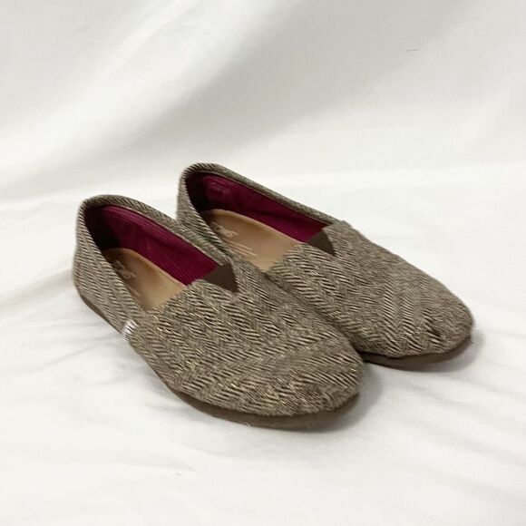Toms Classics English Herringbone Brown & Gold Slip On Shoes Flats Size 8.5 - Picture 1 of 8